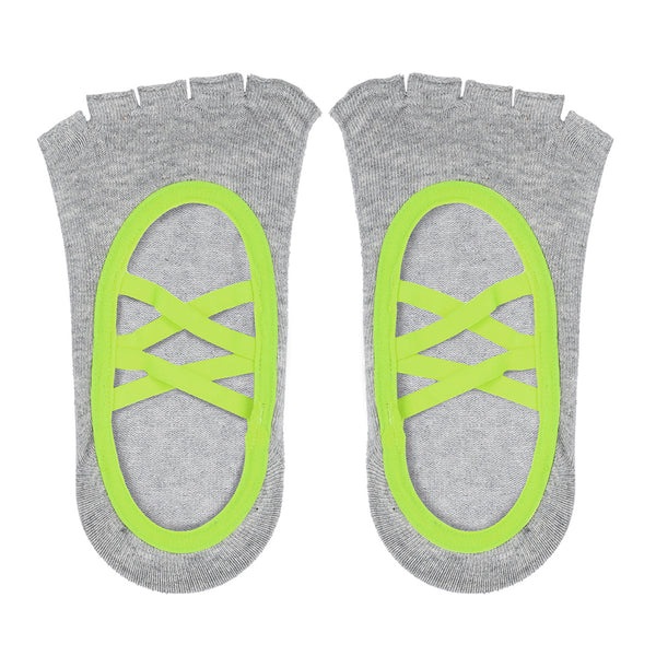 Pilates Open Toe Anti Skid Grip Socks For Women - Set of 3 - Light Blue, Black & Grey & Neon Green