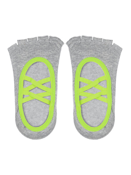 Open Toe Pilates Socks For Women - Grey & Neon Green