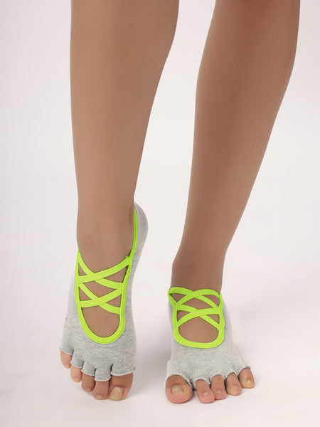 Pilates Open Toe Anti Skid Grip Socks For Women - Set of 3 - Light Blue, Black & Grey & Neon Green