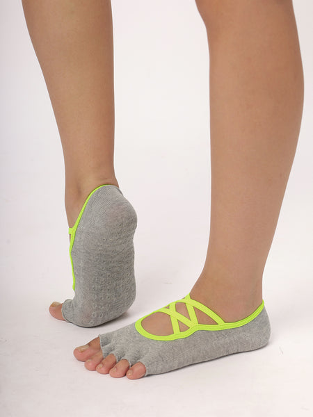 Pilates Open Toe Anti Skid Grip Socks For Women - Set of 3 - Light Blue, Black & Grey & Neon Green