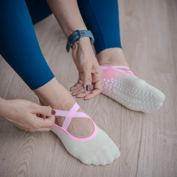 Pilates Socks for Women - Two Toned Cream & Pink Anti-Skid Technology