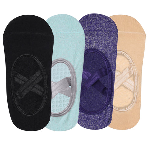 Set Of 4 Pilates Socks Anti-Skid Technology - Beige, Black, Purple, Mint Green