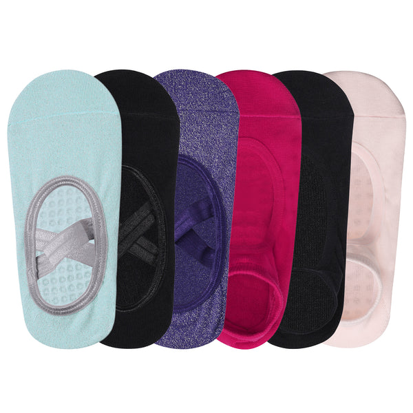 Pilates & Yoga Set of 6 Socks For Women Anti Skid Grip- Baby Pink, Fuchsia Pink, Black, Purple, Black, Mint Green