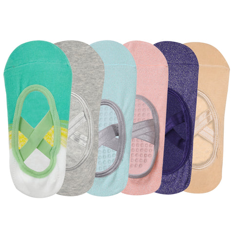 Pilates Set of 6 Socks For Women - Anti-Skid Grip - Light grey, Beige, White & turquoise green, Pink, Purple, Mint green