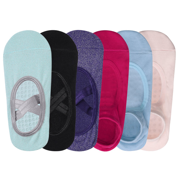 Set of 6 Yoga & Pilates Combo Socks Anti-Skid Technology - Light Blue, Baby Pink, Fuchsia Pink, Black, Purple, Mint Green