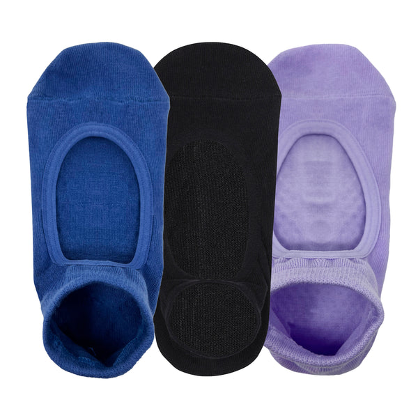 Yoga Set Of 3 Socks For Women - Anti-Skid Grip  - Royal Blue, Black, Light Purple