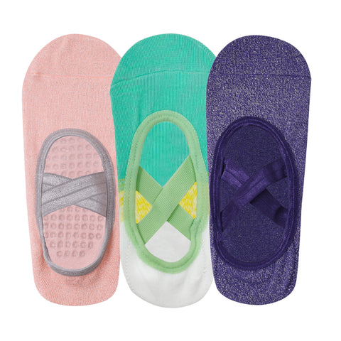 Pilates Set of 3 Socks For Women Anti Skid Grip - Two Toned White & turquoise green, Purple & Pink