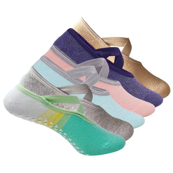 Pilates Set of 6 Socks For Women - Anti-Skid Grip - Light grey, Beige, White & turquoise green, Pink, Purple, Mint green