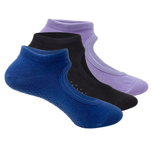 Yoga Set Of 3 Socks For Women - Anti-Skid Grip  - Royal Blue, Black, Light Purple