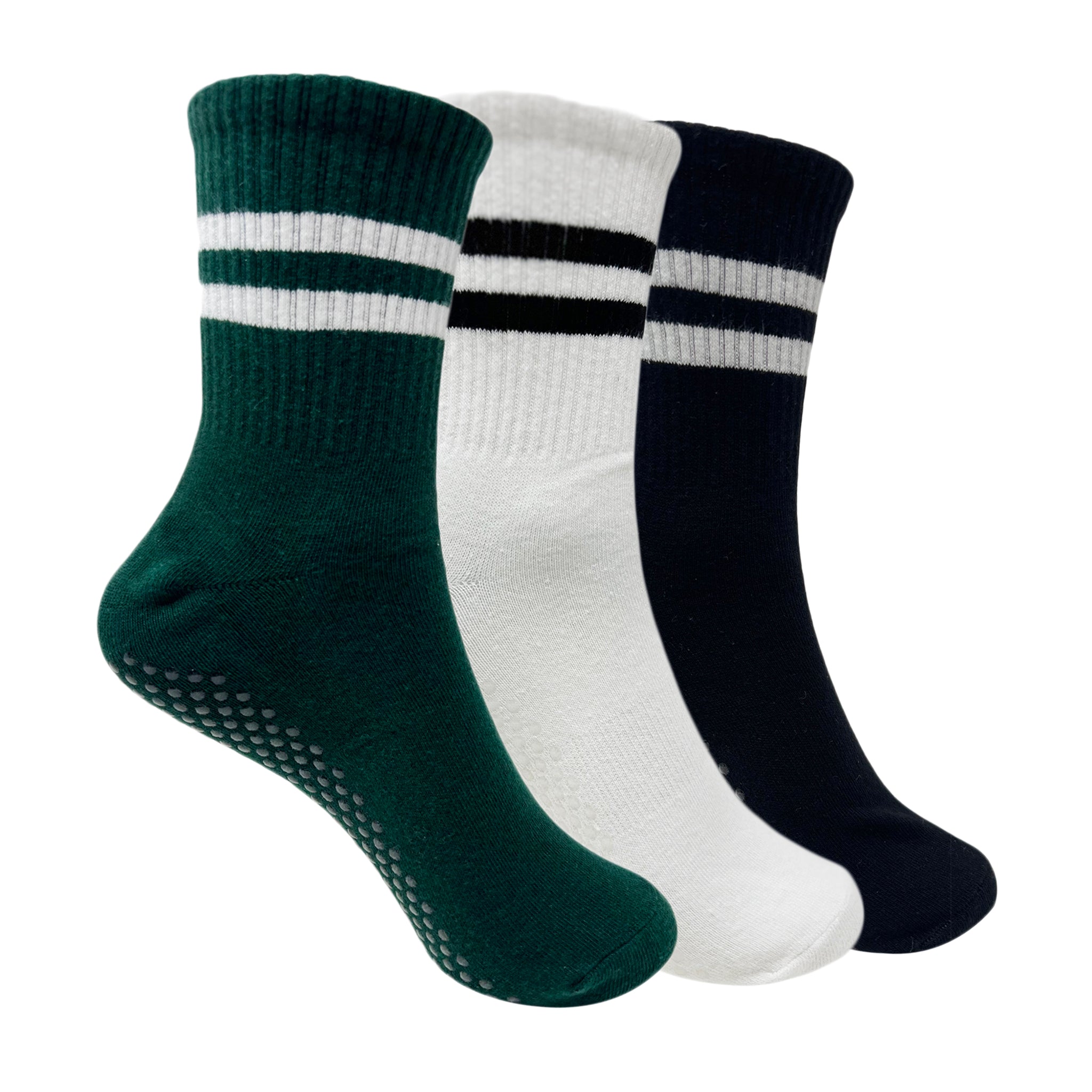 Pilates & Yoga Crew/ Full Length Grip Socks for Women - White, Black, Bottle Green