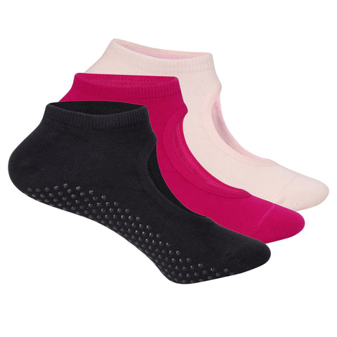 Yoga Set Of 3 Socks For Women - Anti-Skid Grip  - Baby Pink, Fuchsia Pink, Black