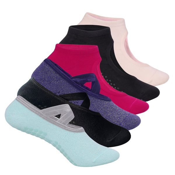 Pilates & Yoga Set of 6 Socks For Women Anti Skid Grip- Baby Pink, Fuchsia Pink, Black, Purple, Black, Mint Green