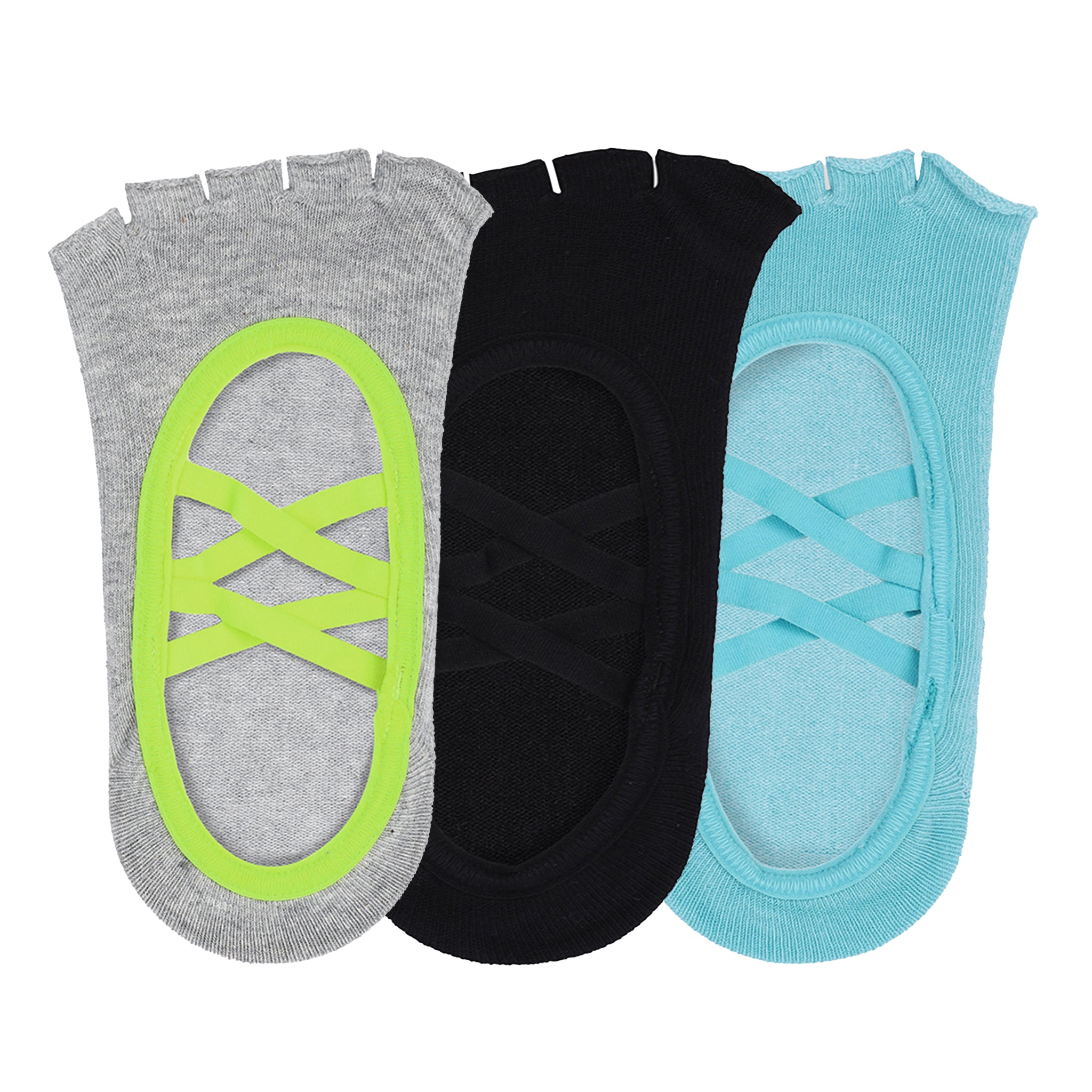 Pilates Open Toe Anti Skid Grip Socks For Women - Set of 3 - Light Blue, Black & Grey & Neon Green