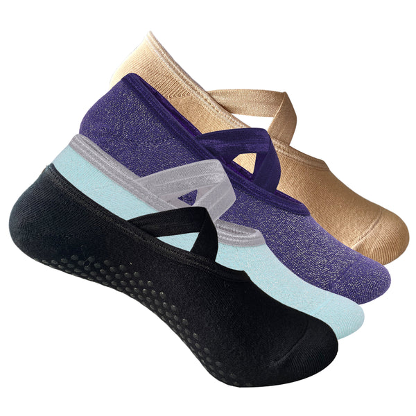 Set Of 4 Pilates Socks Anti-Skid Technology - Beige, Black, Purple, Mint Green