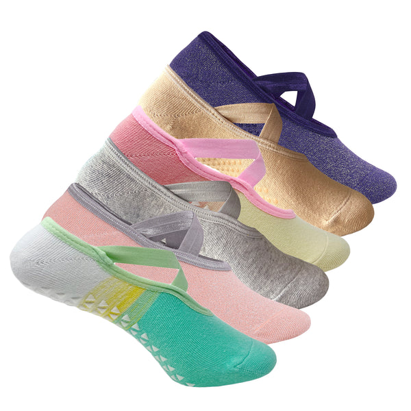 Pilates Set of 6 Socks For Women Anti Skid Grip - Two Toned, Pink, Light Grey, Beige & Purple