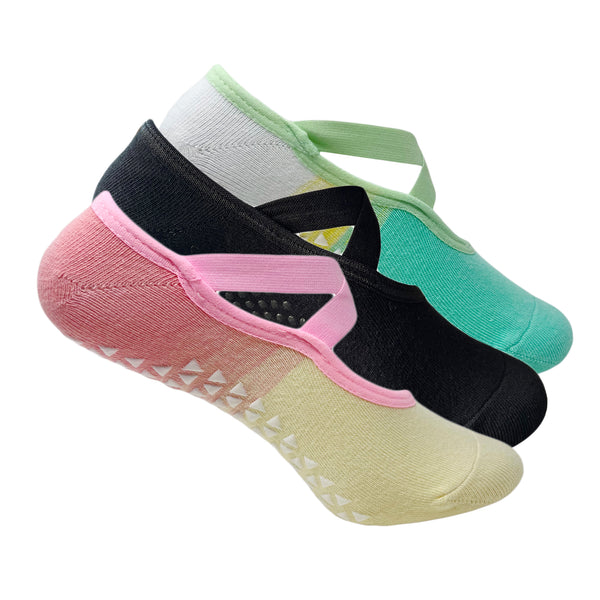 Pilates Set of 3 Socks For Women Anti Skid Grip - Two Toned & Black