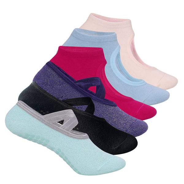 Set of 6 Yoga & Pilates Combo Socks Anti-Skid Technology - Light Blue, Baby Pink, Fuchsia Pink, Black, Purple, Mint Green