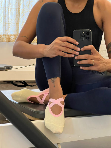 Pilates Socks for Women - Two Toned Cream & Pink Anti-Skid Technology